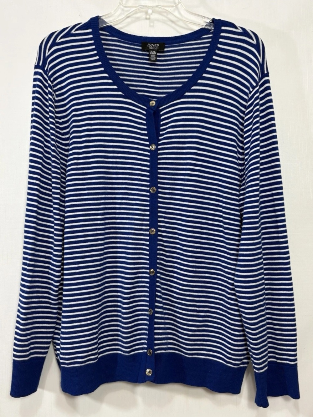 Jones New York Sweater Cardigan 2XL Blue White Striped Gold Buttons Career